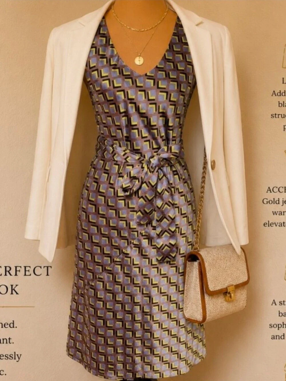 The Empower Satin Silk Dress Cubic Geo Print